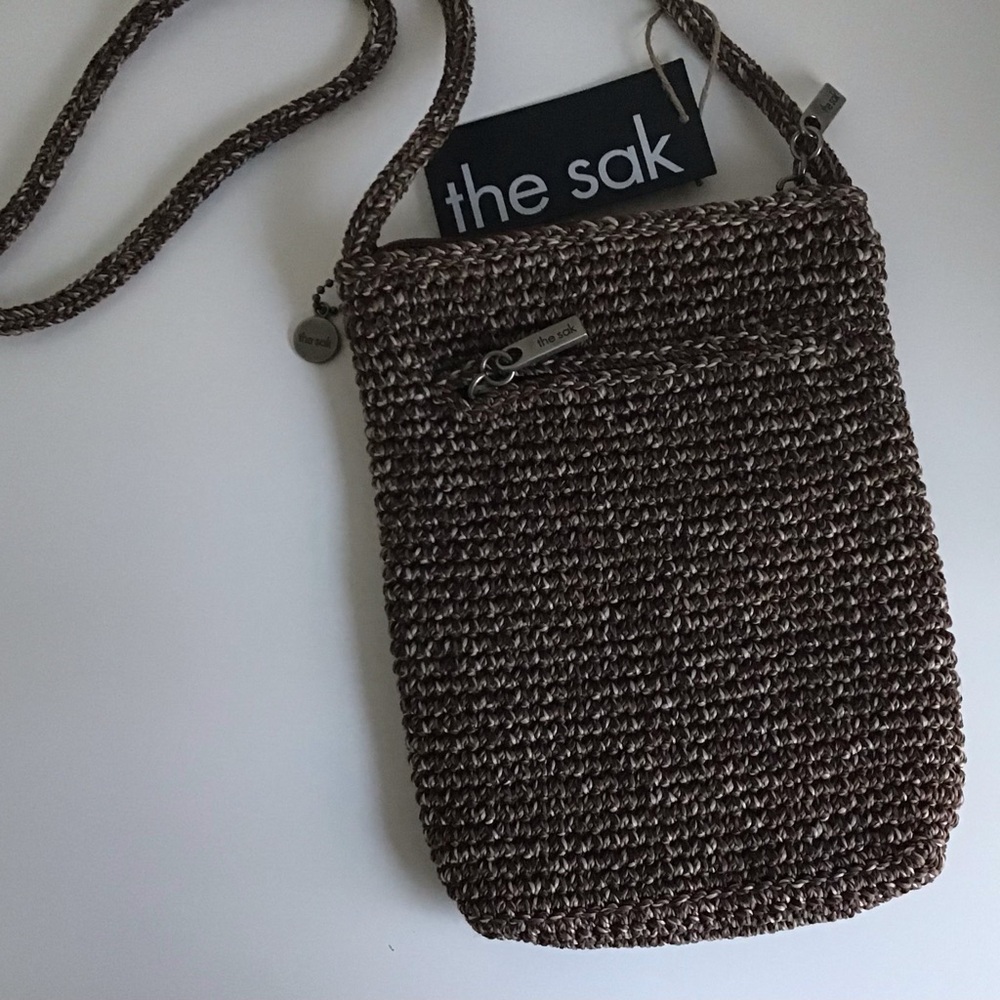 The Sak Small Crossbody Hand Crocheted Bag Brown/White Recycled Materials NWT